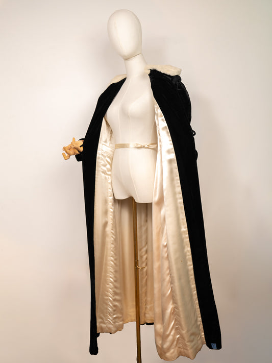 1930's Black Velvet Opera Coat w/ White Fur Collar