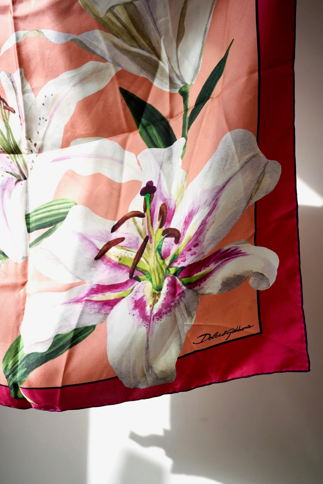 NWT Dolce & Gabbana Silk Lily Print Silk Scarf wBox