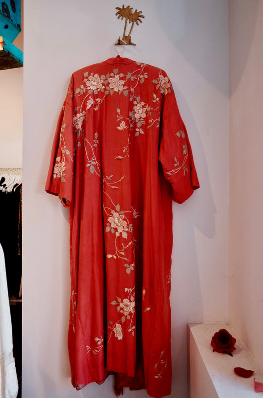 1920's Coral Silk Embroidered Kimono