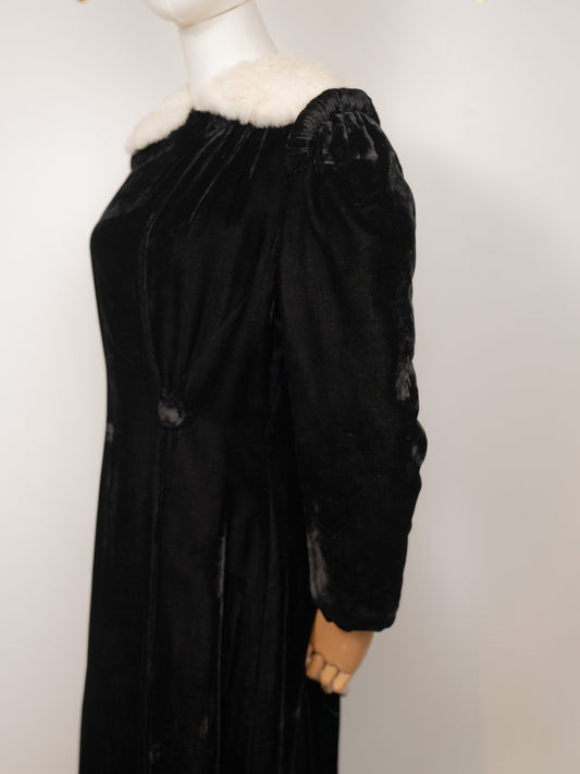1930's Black Velvet Opera Coat w/ White Fur Collar