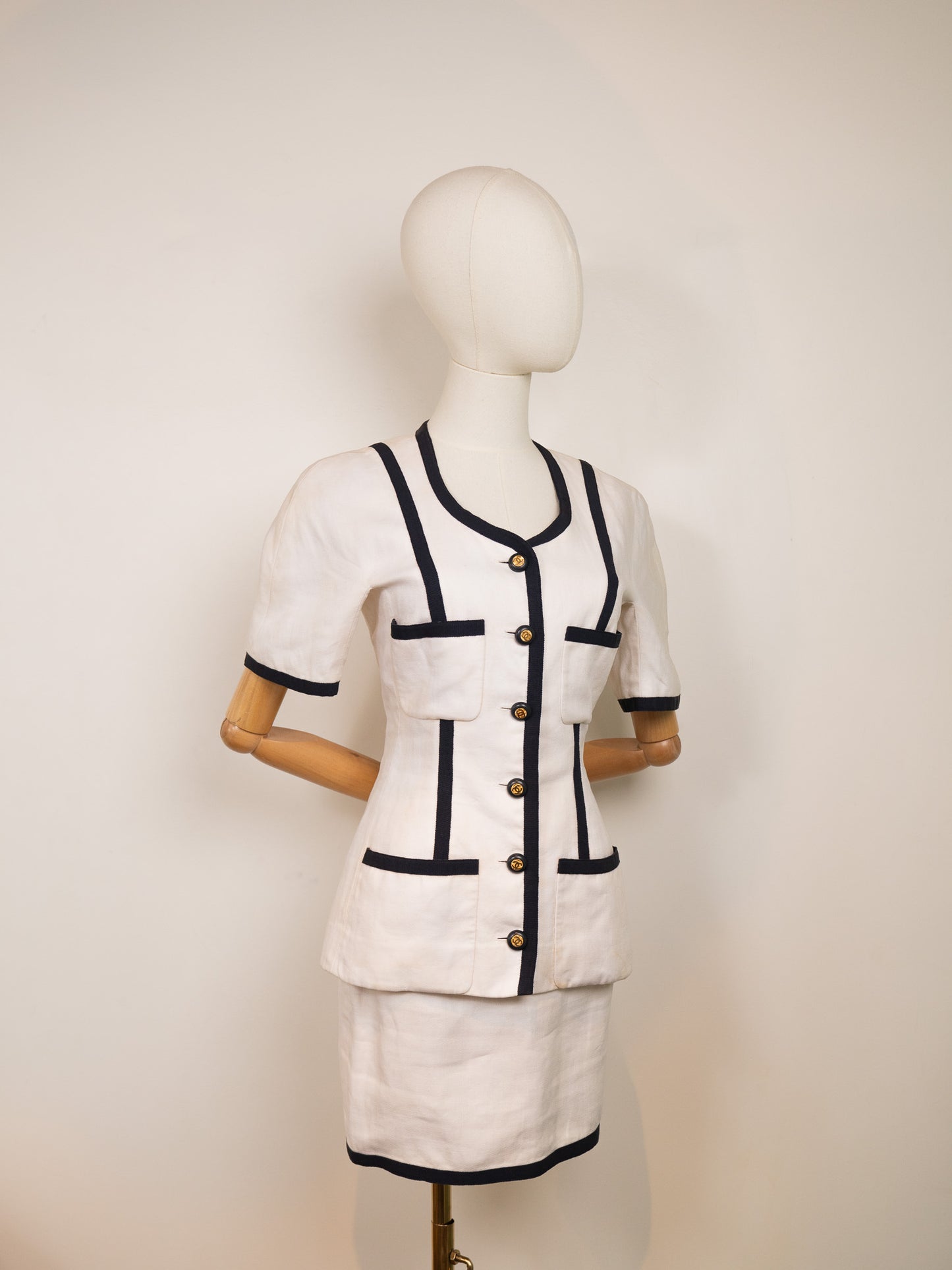 Navy and White Linen Chanel Jacket and Skirt