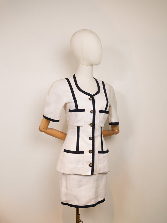 Navy and White Linen Chanel Jacket and Skirt