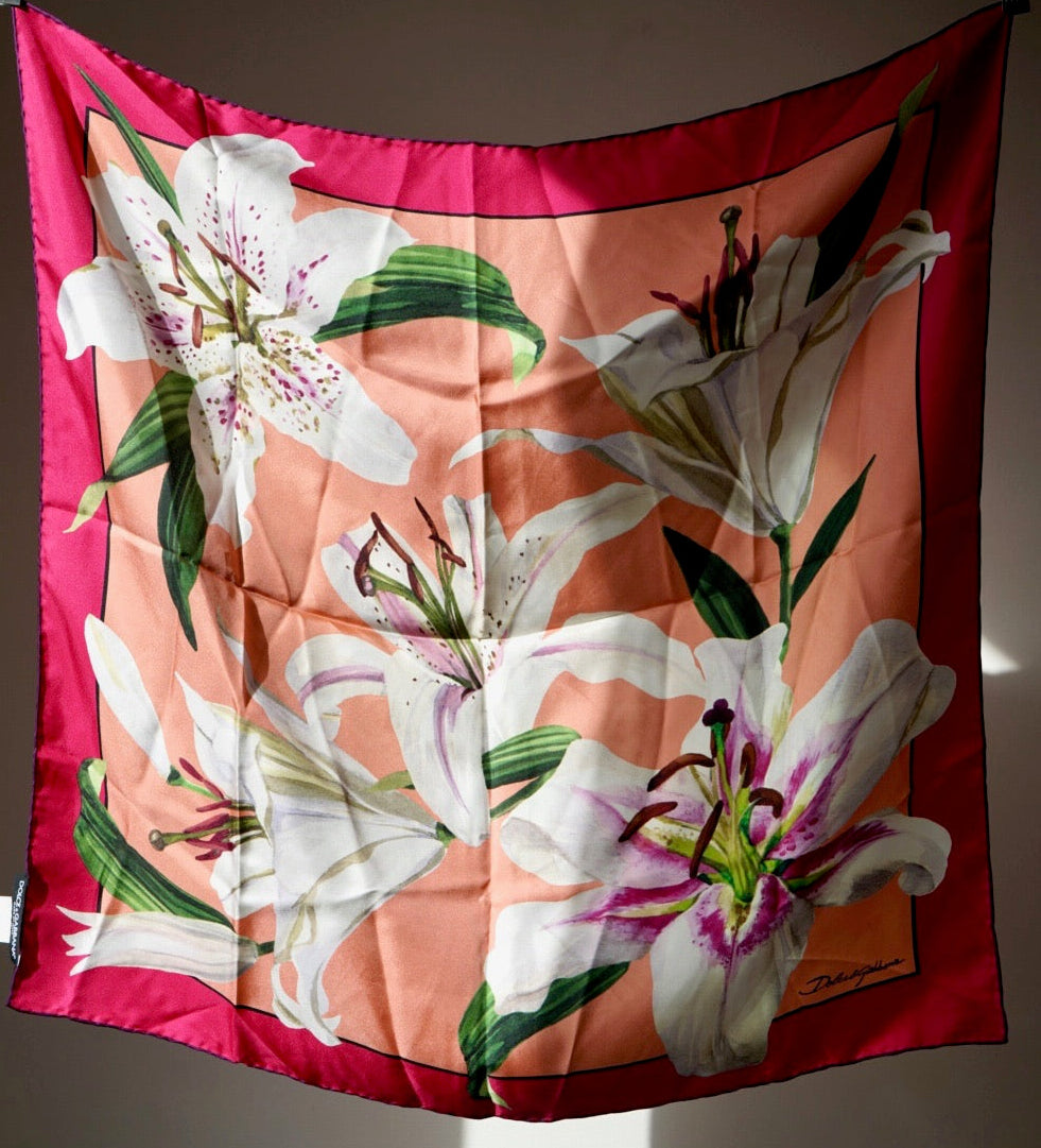 NWT Dolce & Gabbana Silk Lily Print Silk Scarf wBox