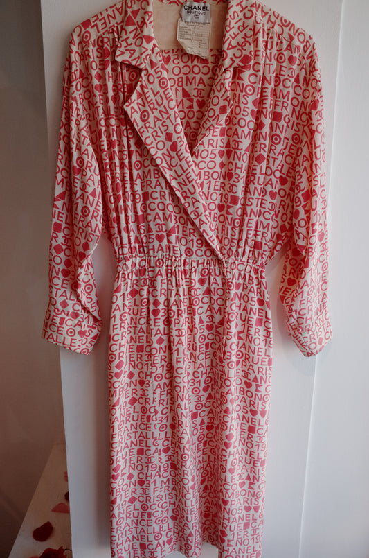 CHANEL RARE 1980's Pink Silk Logo Dress