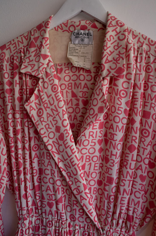 CHANEL RARE 1980's Pink Silk Logo Dress