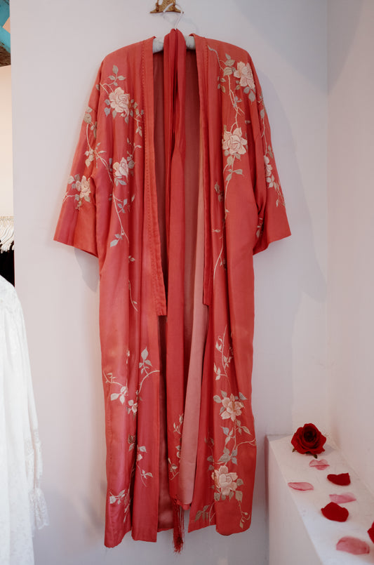 1920's Coral Silk Embroidered Kimono